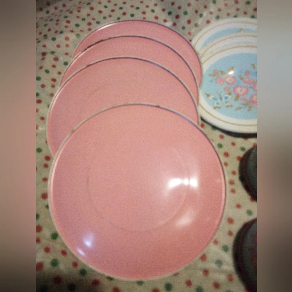 Vintage Metal Toy Dishes Dollhouse Pink Flower Butterfly